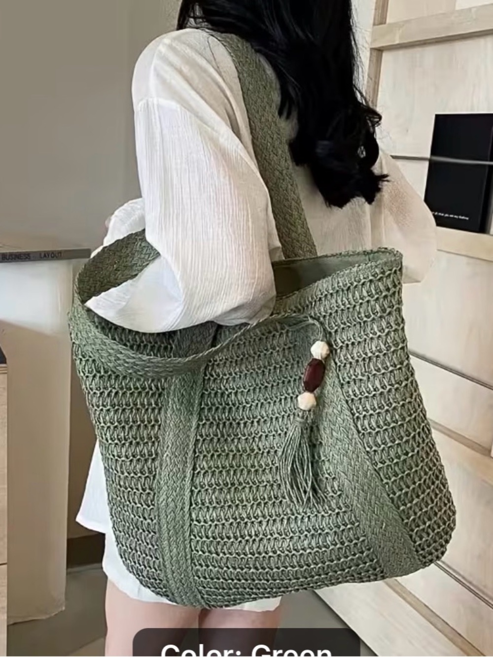 Green Woven Tote Bag with Tassel Accent